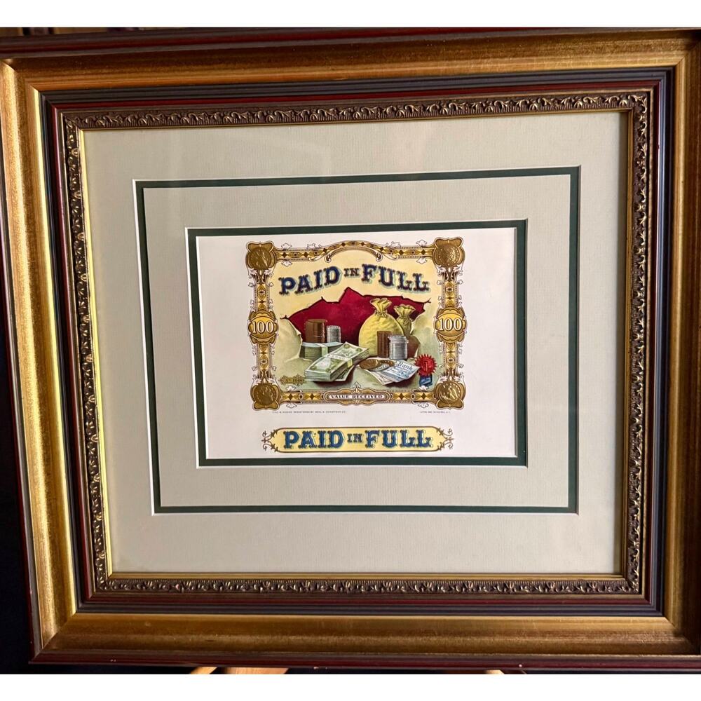 Vintage Paid In Full Cigar Label Framed Art Ornate Gold Tobacco Box Inner Print